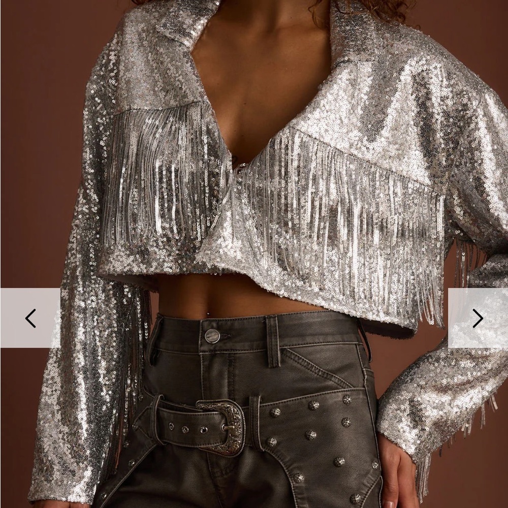 12th Tribe Starcrossed Silver Sequin Fringe Jacket